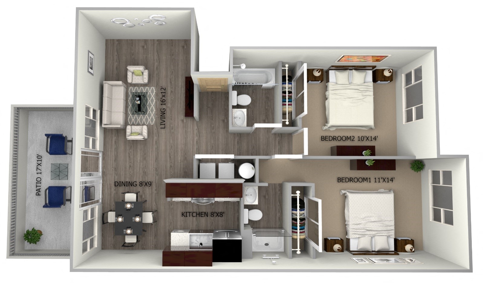Floor plan for 2 beds, 2 baths, 960 sqft